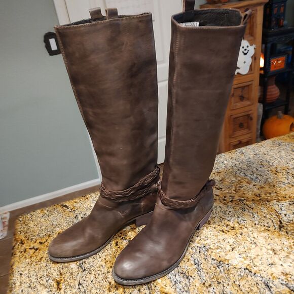 Charles David Italian Leather Braided Riding Knee High Boots Brown Size 7.5 - Picture 1 of 14